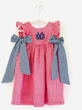 Cecil and Lou Red Gingham Ruffle Sleeve Dress with Navy Bow Accents and Monogram